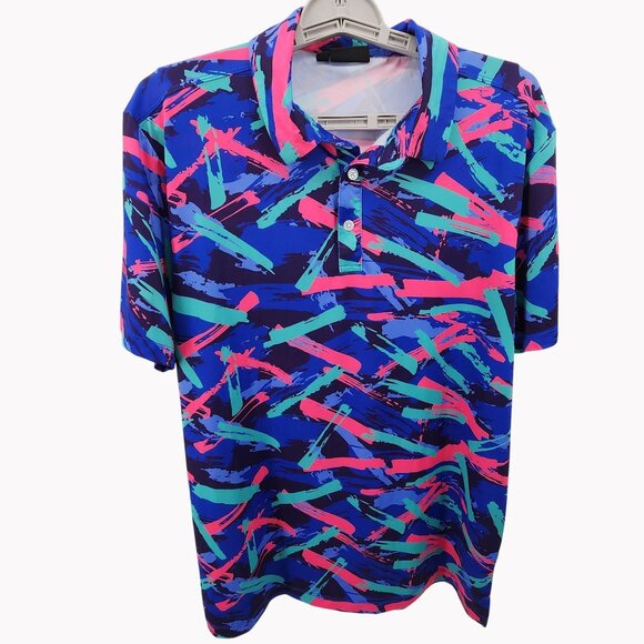 Yatta Golf Mens Medium Green Abstract Print Performance Stretch Polo Shirt - Picture 1 of 7